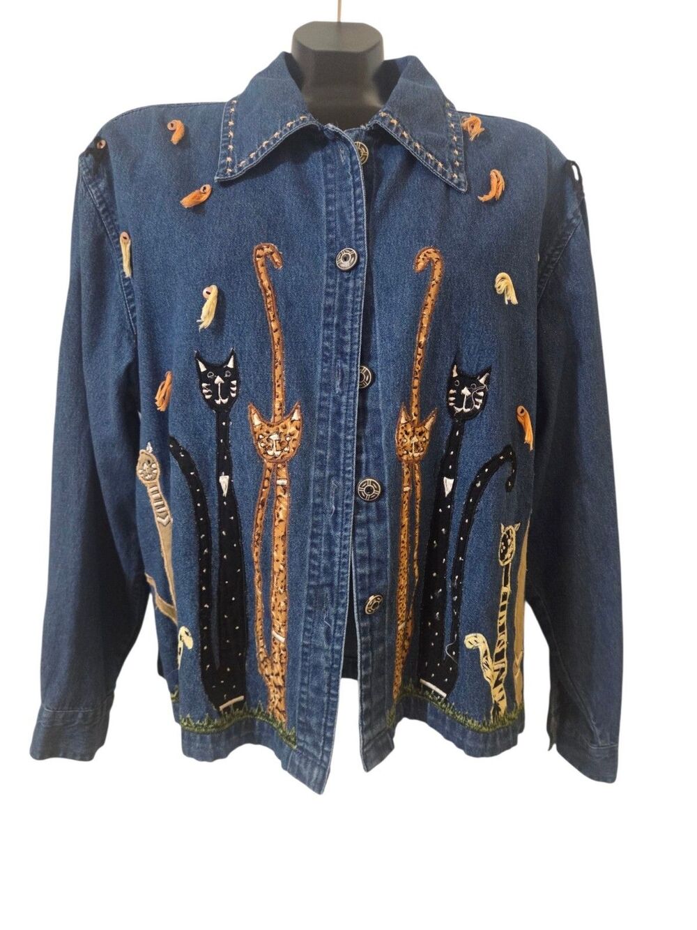 Life Style Embroidered Cats Denim Shirt Jacket Vintage Cotton Women's L A351